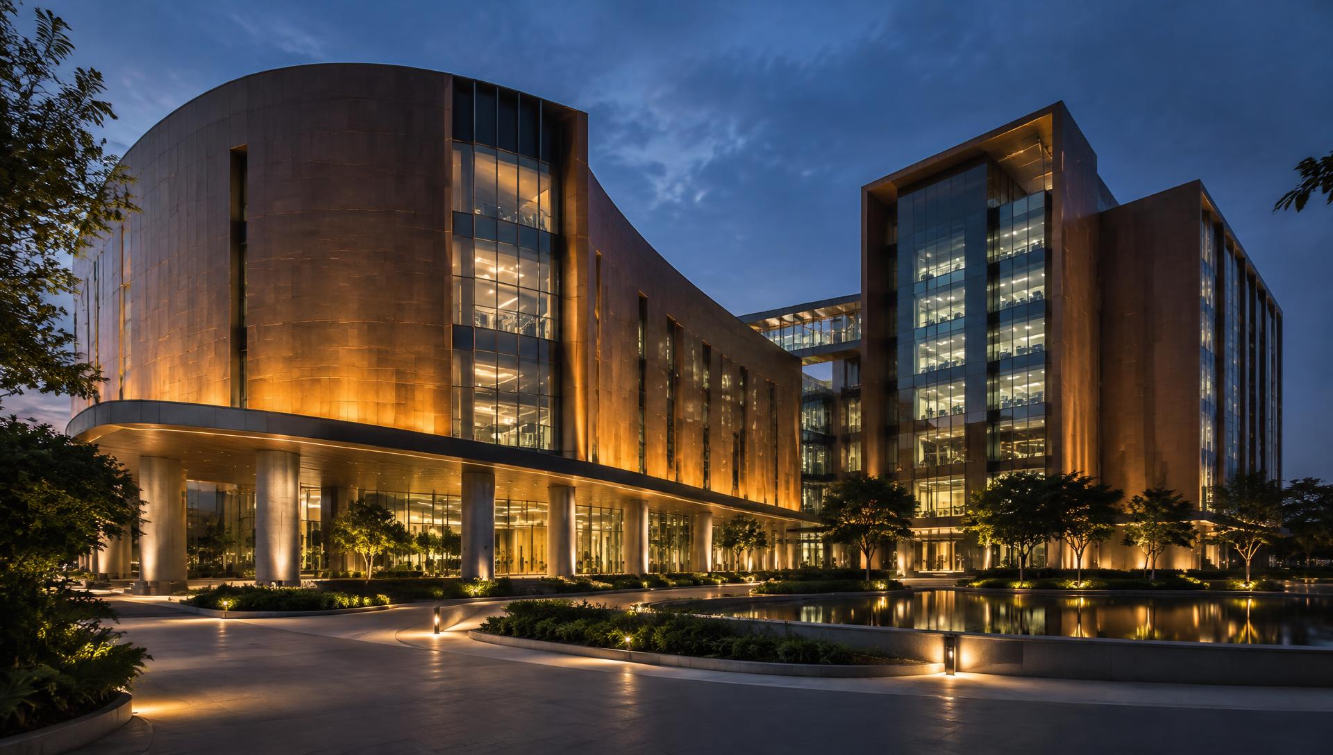 Curved bronze-clad campus building lit at night
