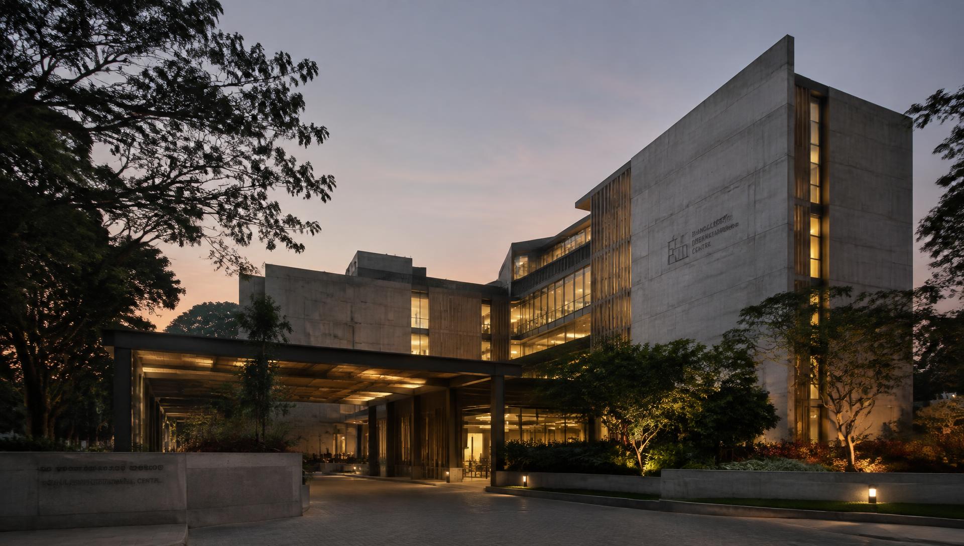 concrete office building lit at dusk