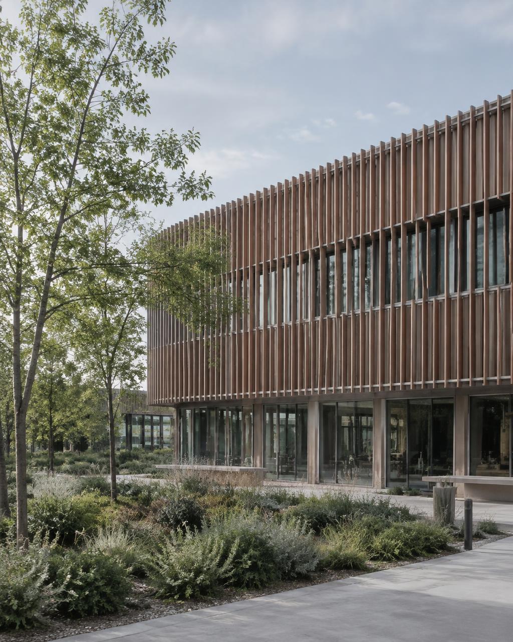 research building with timber fins and landscaped court
