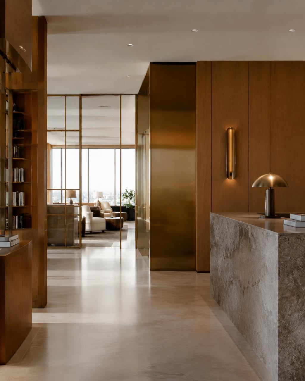 workplace reception with stone counter and bronze panels