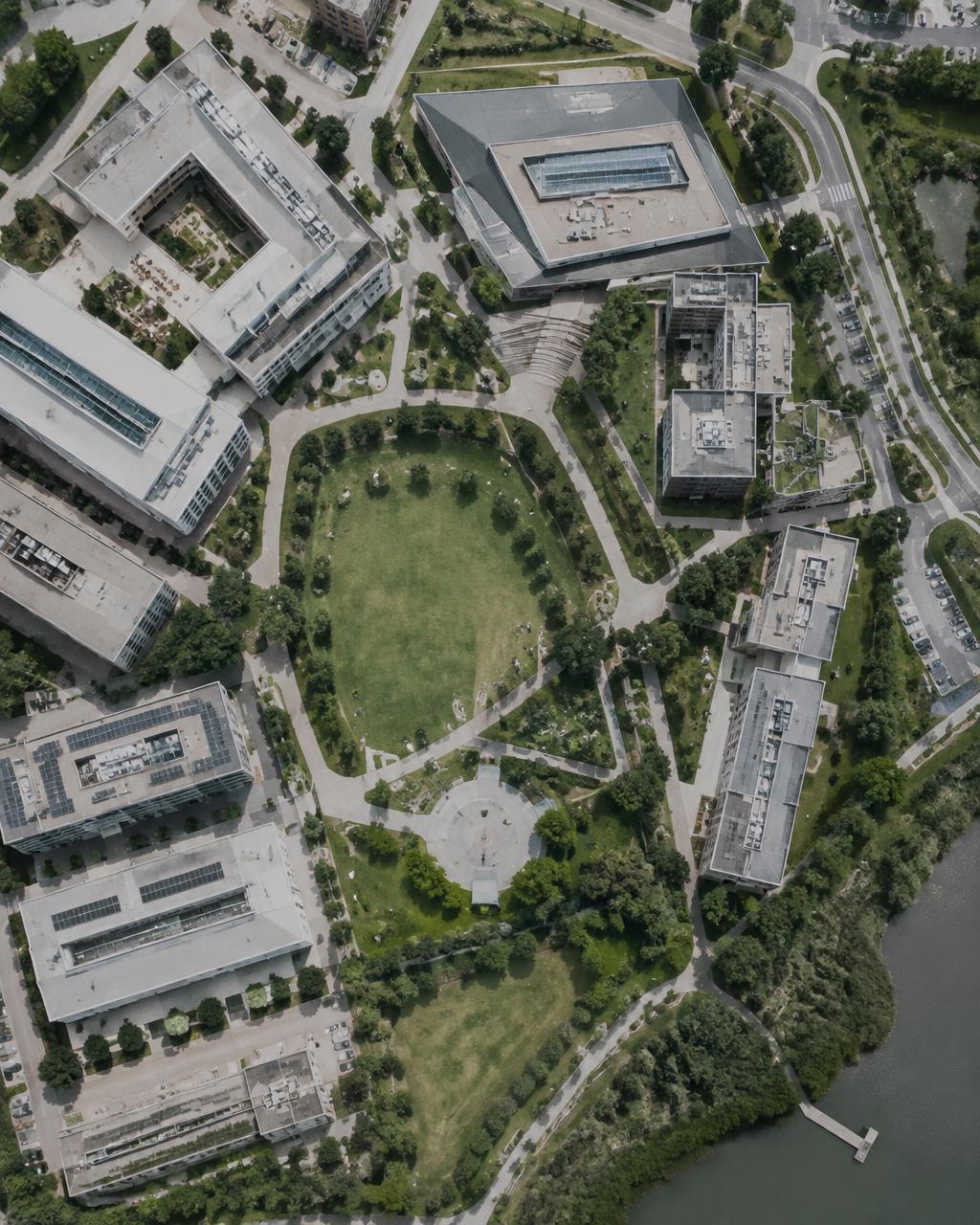 aerial view of planned blocks around a central green
