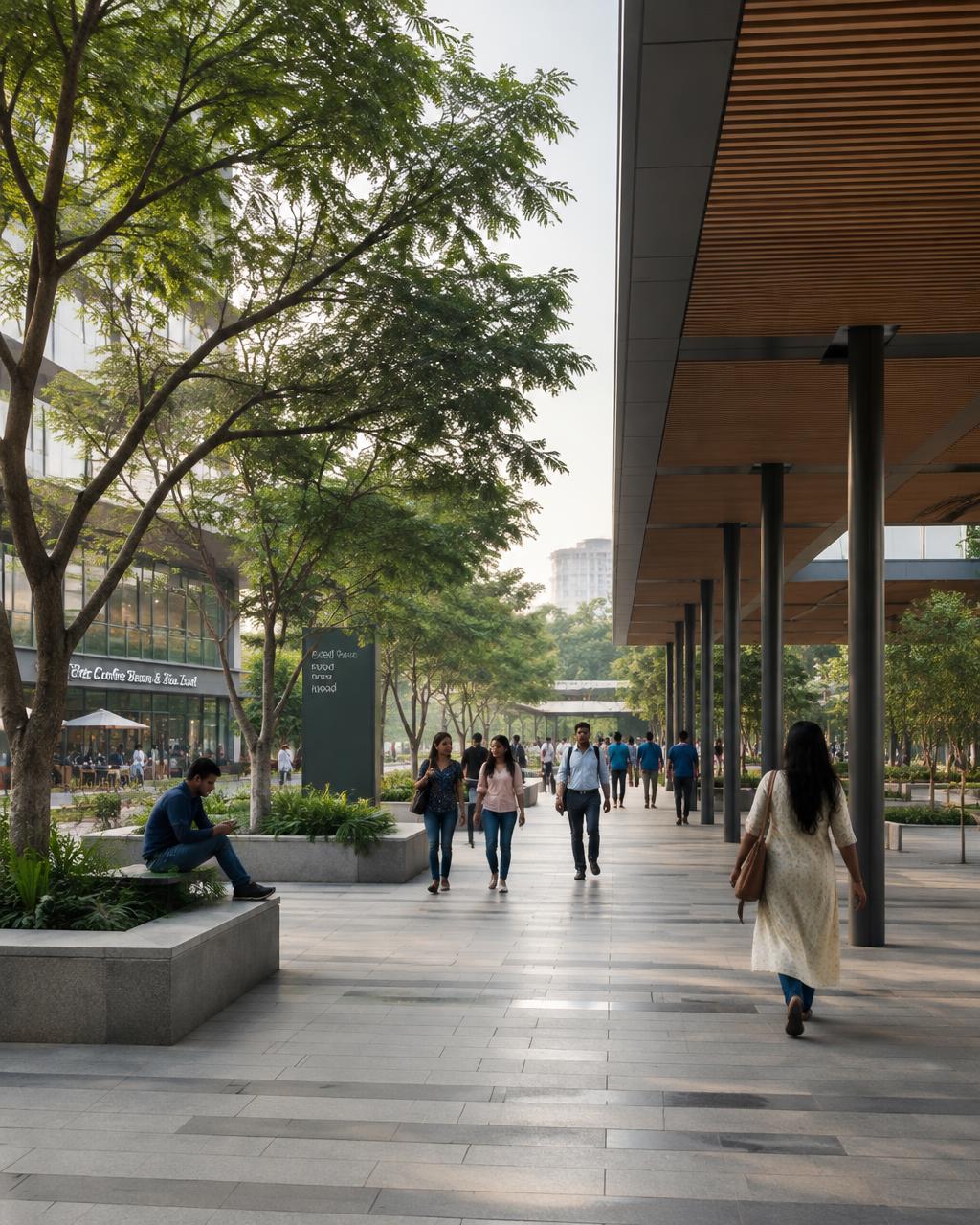 shaded pedestrian plaza with colonnade and trees